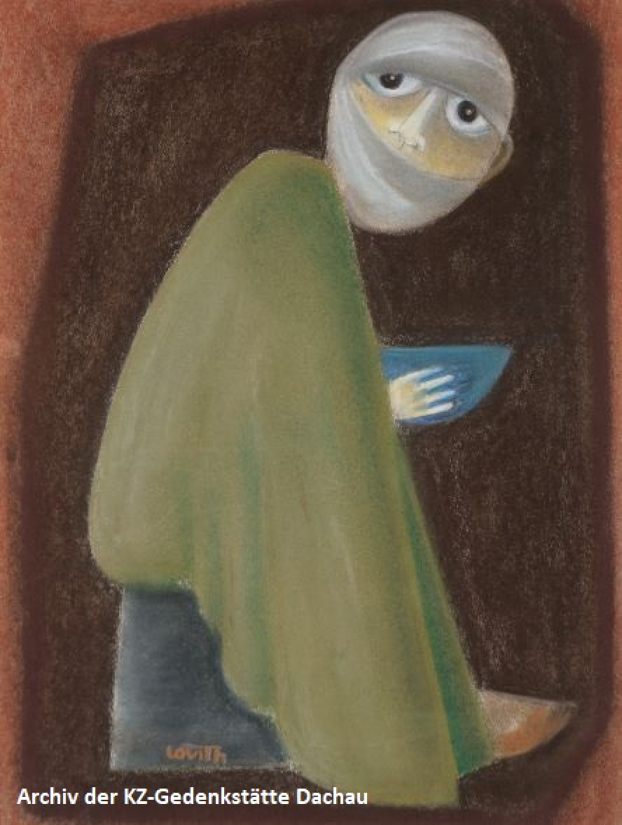 A child prisoner sits on a stone and looks over their shoulder at the viewer. Their body is cloaked in a blanket. Their face is hidden behind scraps of cloth. Only their big eyes and their nose are visible. They hold a bowl in their hands.